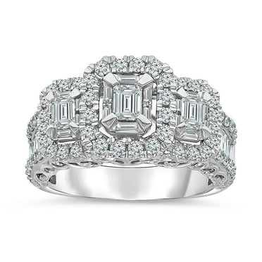 1.95 CT. T.W. Emerald Cut Three Stone Halo Diamond Ring in 14K Gold