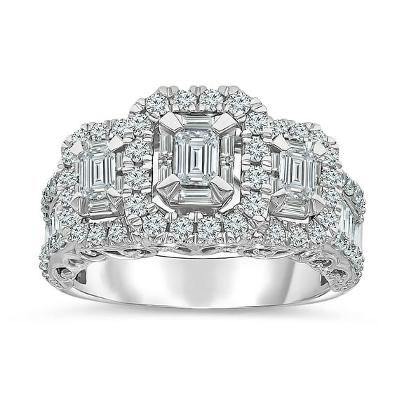 1.95 CT. T.W. Emerald Cut Three Stone Halo Diamond Ring in 14K Gold