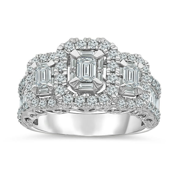 1.95 CT. T.W. Emerald Cut Three Stone Halo Diamond Ring in 14K Gold