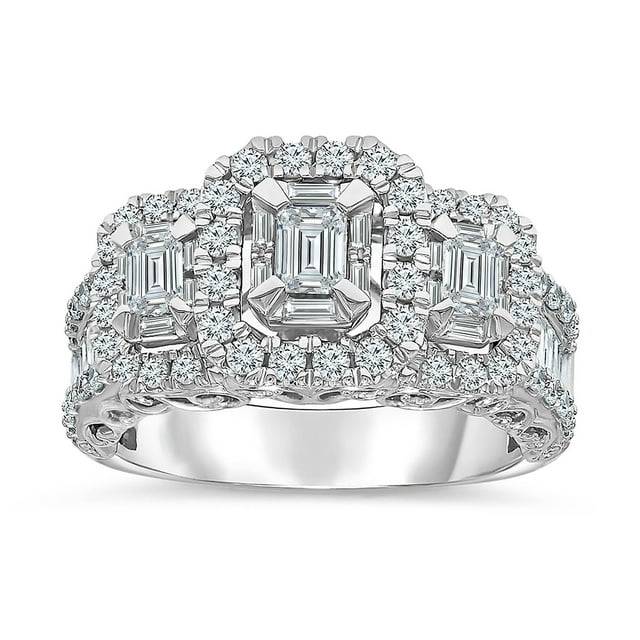 1.95 CT. T.W. Emerald Cut Three Stone Halo Diamond Ring in 14K Gold