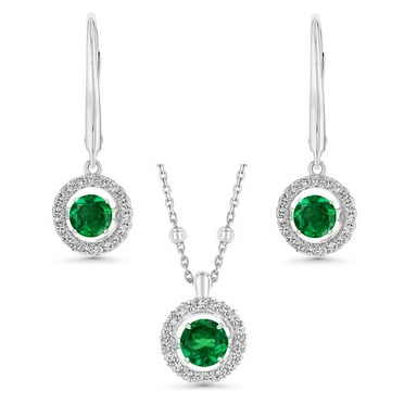Round Cut Lab Created Gemstone Dancing Pendant & Earring Set in Sterling Silver