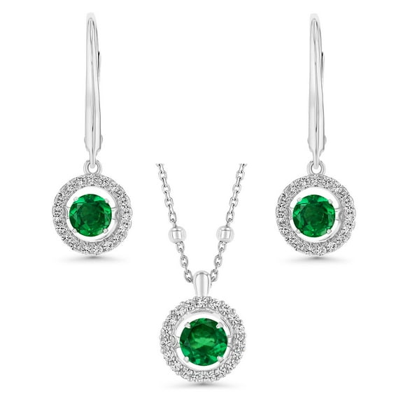 Round Cut Lab Created Gemstone Dancing Pendant & Earring Set in Sterling Silver