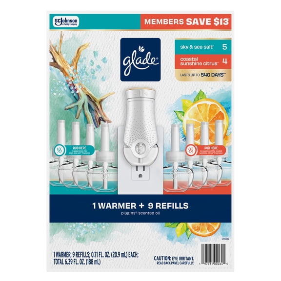 Glade PlugIns Scented Oil, Sky & Sea Salt with Coastal Sunshine Citrus, 1 Warmer + 9 Refills