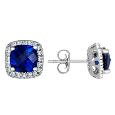 Cushion Cut Gemstone and 0.15 CT. T.W. Halo Diamond Stud Earrings in 14K Gold