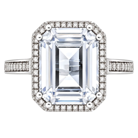 Lab Created Emerald Cut Gemstone and Diamond Ring in Sterling Silver