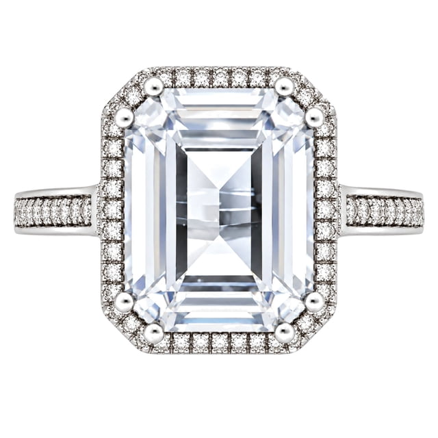 Lab Created Emerald Cut Gemstone and Diamond Ring in Sterling Silver