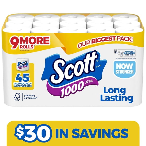 Scott 1000 1-Ply Toilet Paper 45 rolls, 1,000 sheets/roll