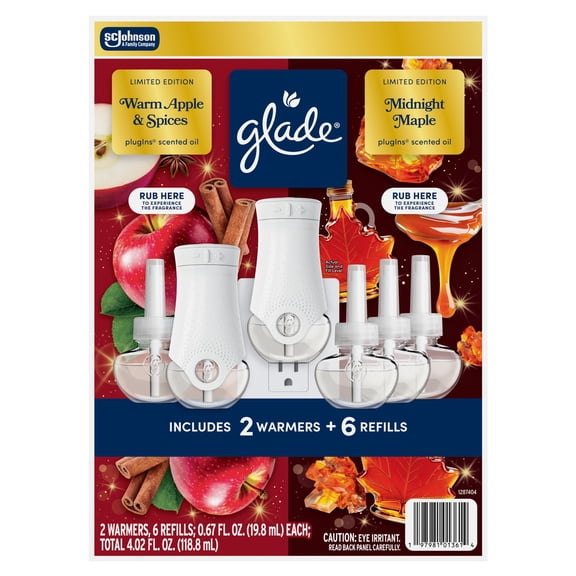 Glade PlugIns Scented Oil Air Freshener, Warm Apple & Spices & Midnight Maple, 4.02 fl. oz., 2 Warmers + 6 Refills