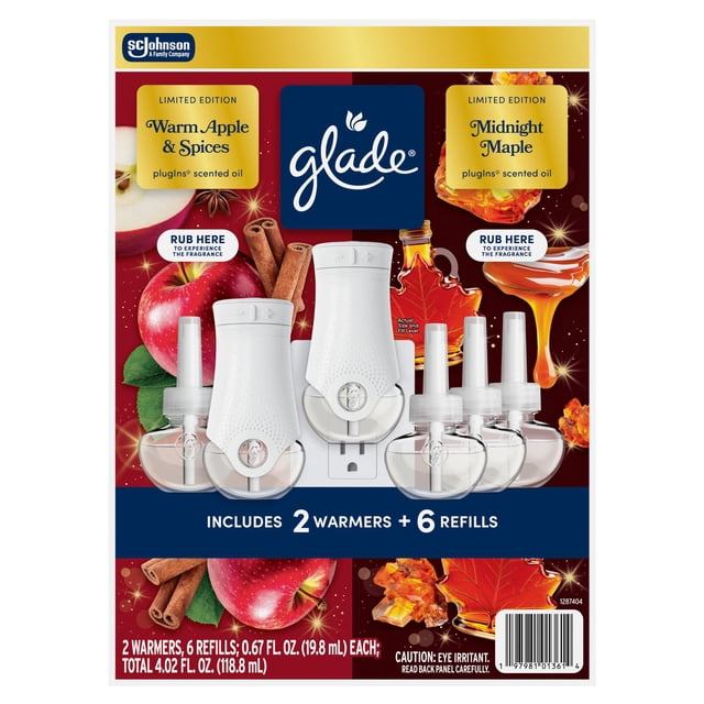 Glade PlugIns Scented Oil Air Freshener, Warm Apple & Spices & Midnight Maple, 4.02 fl. oz., 2 Warmers + 6 Refills