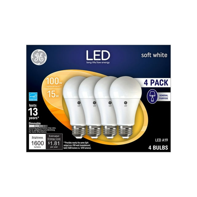 GE Soft White LED 100W Equivalent General Purpose A19 Light Bulbs 4-Pack