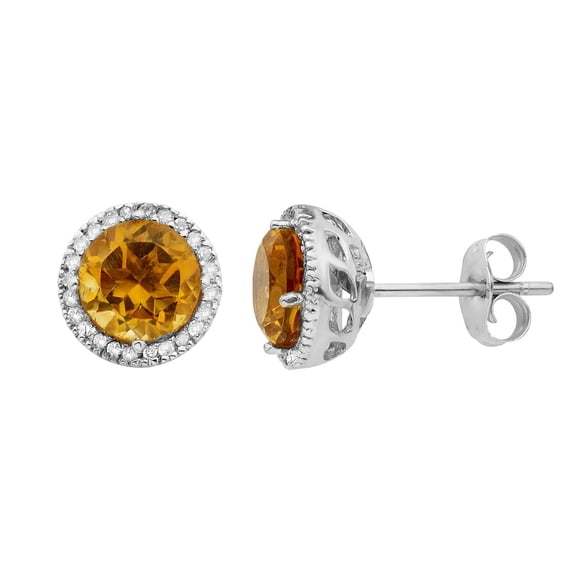 Round Cut Gemstone & 0.13 CT. T.W. Halo Diamond Stud Earrings in 14K Gold