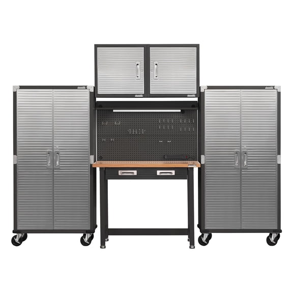 Seville Classics UltraHD 5-Piece Steel Garage Cabinet Storage Set With Pegboard Workbench, 10' Wide