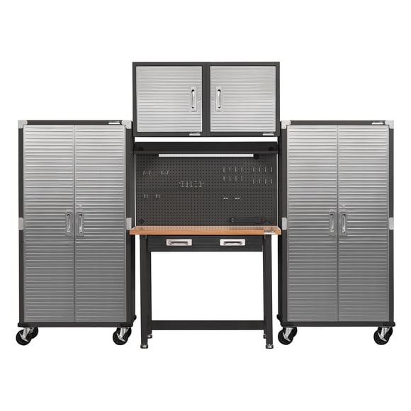 Seville Classics UltraHD 5-Piece Steel Garage Cabinet Storage Set With Pegboard Workbench, 10' Wide