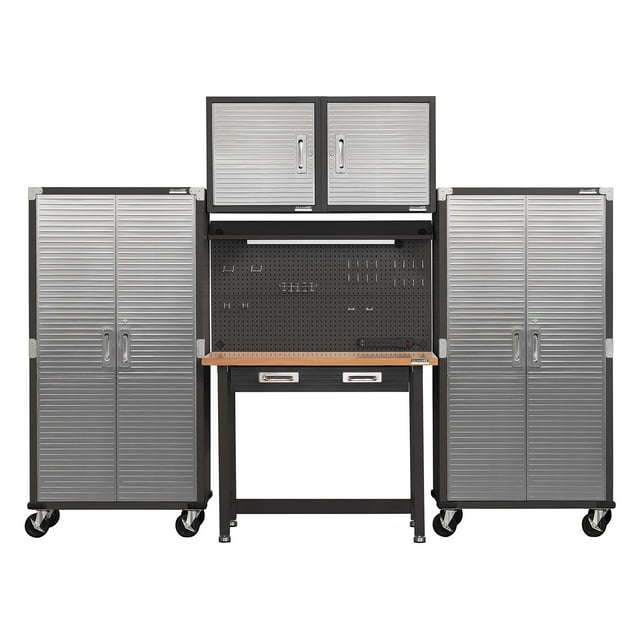 Seville Classics UltraHD 5-Piece Steel Garage Cabinet Storage Set With Pegboard Workbench, 10' Wide