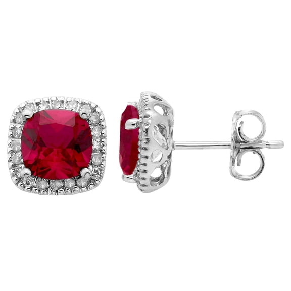 Cushion Cut Gemstone and 0.15 CT. T.W. Halo Diamond Stud Earrings in 14K Gold