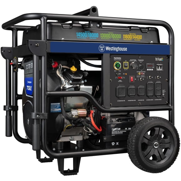 Westinghouse 18,000/14,500-Watt Tri-Fuel Gas, Propane, Natural Gas Powered Portable Generator with Remote Electric Start, 50A Outlet