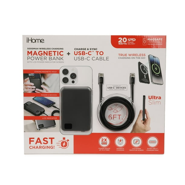 iHome 5000mAh Magnetic Power Bank with 6Ft USB-C Cable, MagSafe Compatible, 20W Rapid Power Delivery