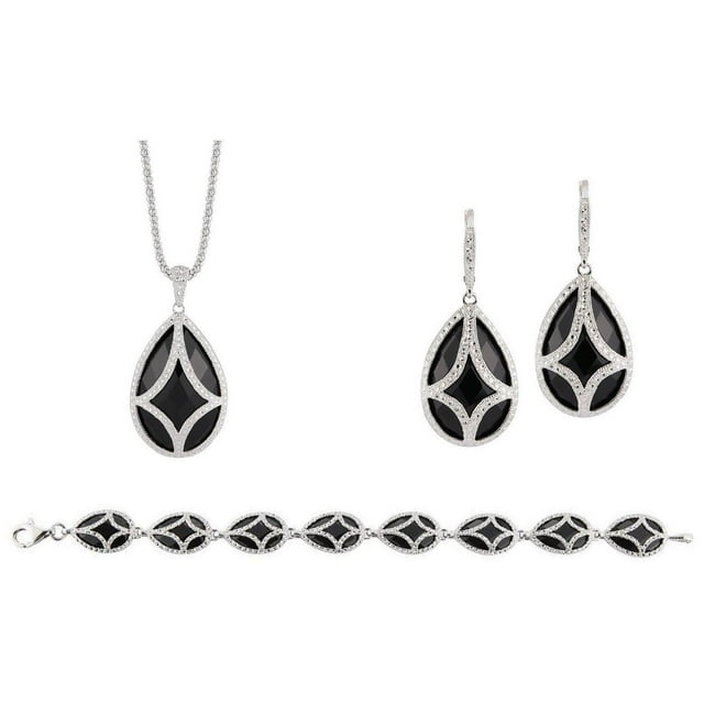 Onyx Pendant Necklace, Bracelet, & Earring Set in Sterling Silver