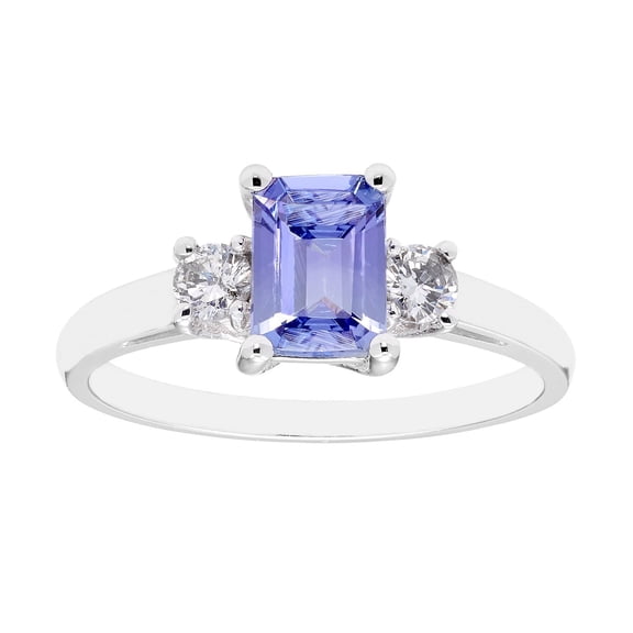 Emerald Cut Natural Gemstone & 0.20 CT. T.W. 3-Stone Diamond Ring in 14K Gold