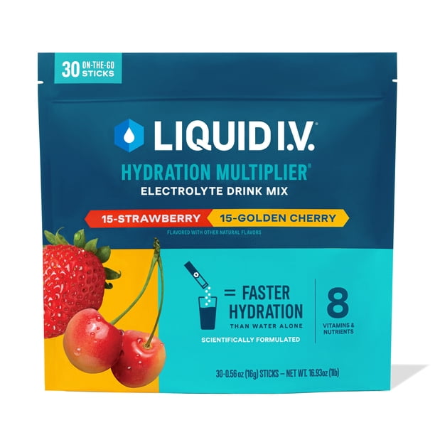 Liquid I.V. Hydration Multiplier Electrolyte Powder Variety Pack,  Strawberry and Golden Cherry, 30 pk