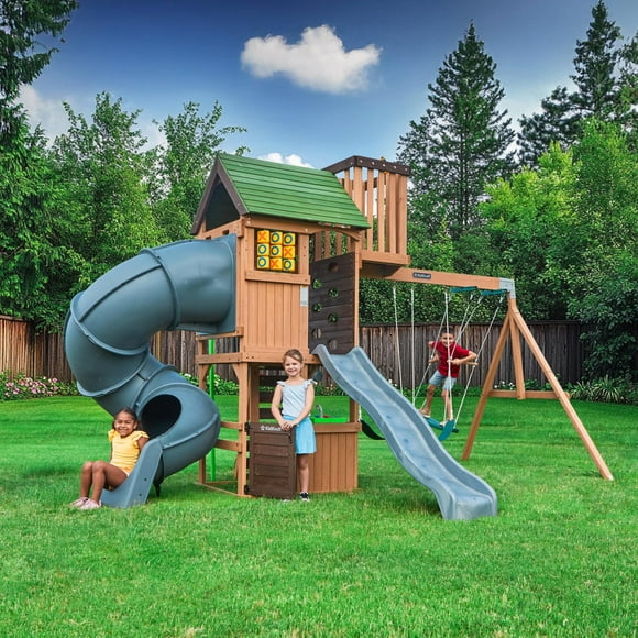 KidKraft Tennyson Twist Wooden Outdoor Swing Set with Surf Swing