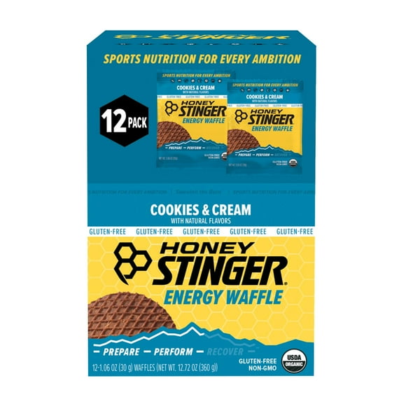 Honey Stinger Organic Energy Waffle, Gluten Free Cookies & Cream, Caffeine Free Healthy Snack, 1.06 oz., 12 pk.