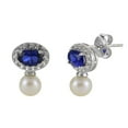 thumbnail image 2 of 5.5-6mm White Cultured Freshwater Pearl,  Aquamarine and Lab Created White Sapphire Earrings in Sterling Silver, 2 of 4