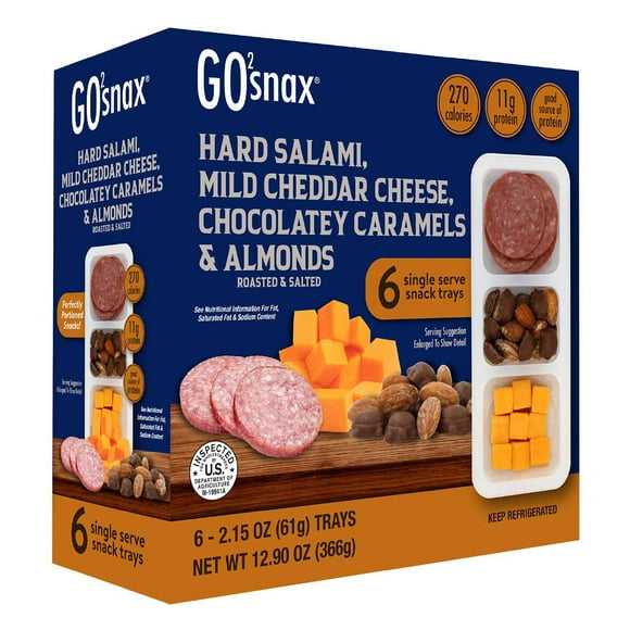 GO2snax, Hard Salami, Mild Cheddar Cheese, Chocolatey Caramels & Almonds, 2.15 oz. Each, 6 pk.