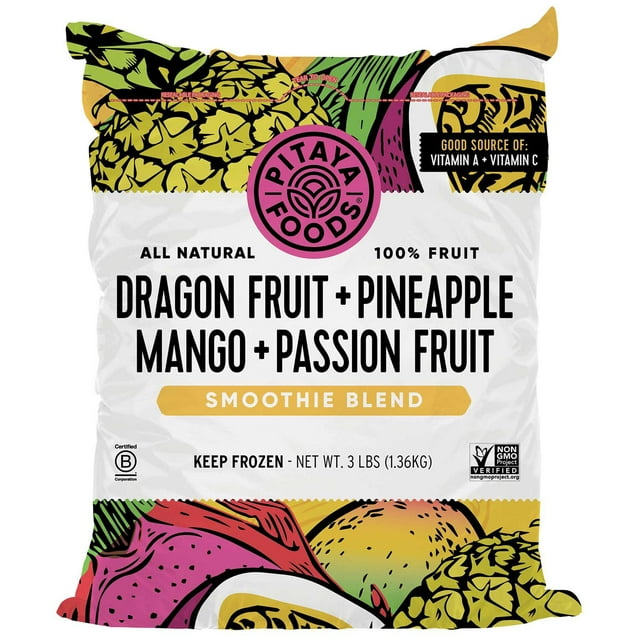 Pitaya Foods Dragon Fruit, Pineapple, Mango, and Passion Fruit Smoothie Blend, Frozen, 3 lbs.