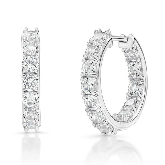 Lab Created White Sapphire Round Cut Gemstone Inside Out Huggie Hoop Earrings in Sterling Silver