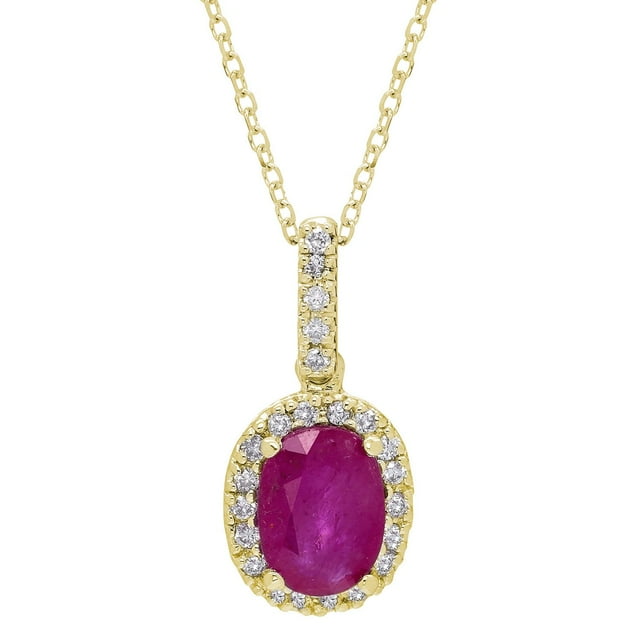 Oval Cut Genuine Gemstone & 0.11 CT. T.W. Diamond Halo Pendant Necklace in 14K Gold