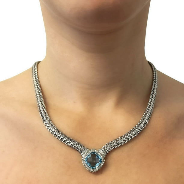 Cushion Cut Blue Topaz Pendant Necklace in Sterling Silver