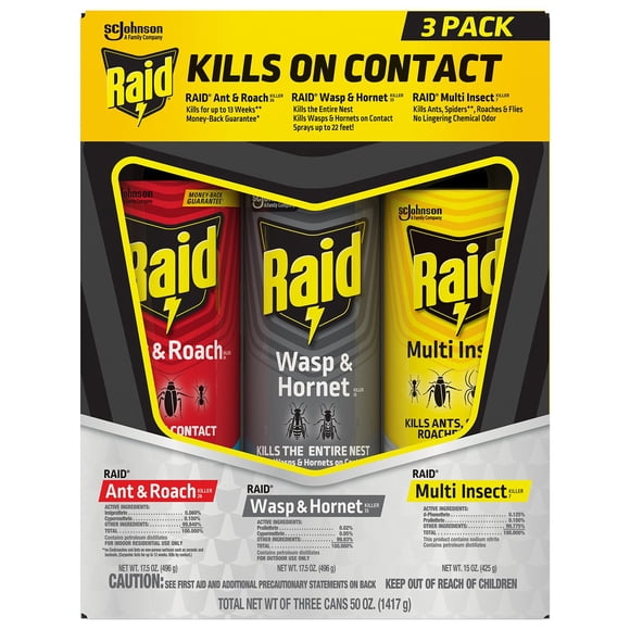 Raid® 3 Pack: Raid® Ant & Roach Killer 26 Outdoor Fresh 17.5oz, Raid® Wasp & Hornet Killer 33 17.5oz, Raid ® Multi Insect Killer 7 15oz
