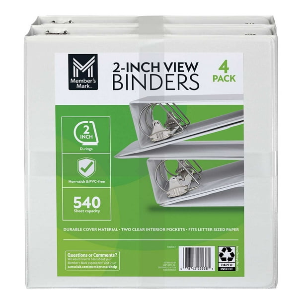 Member's Mark 2" D-Ring View Binder, White 4 pk. Member's Mark 2" D-Ring View Binder, White 4 pk.