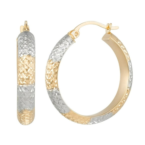 Two Tone Diamond Cut Round Hoop Earrings in 14K Gold