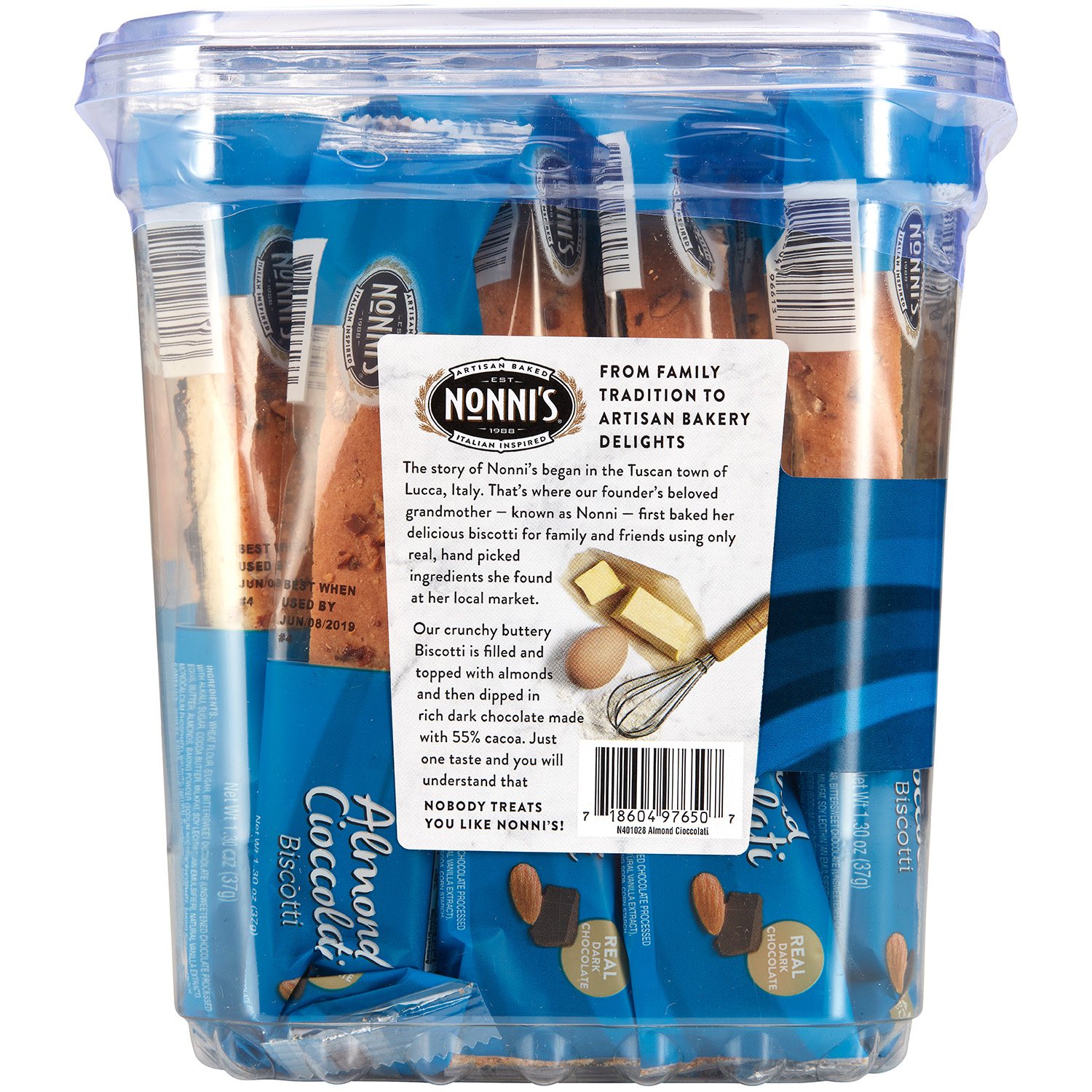 Nonni's Almond Dark Chocolate Biscotti – 2 Pack (Total 50 Count, 2lb 1.25oz) – Kosher, Low Fat