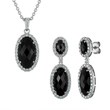 Treated Onyx & Lab Created White Sapphire Dangle Earrings & Pendant Necklace Set in Sterling Silver