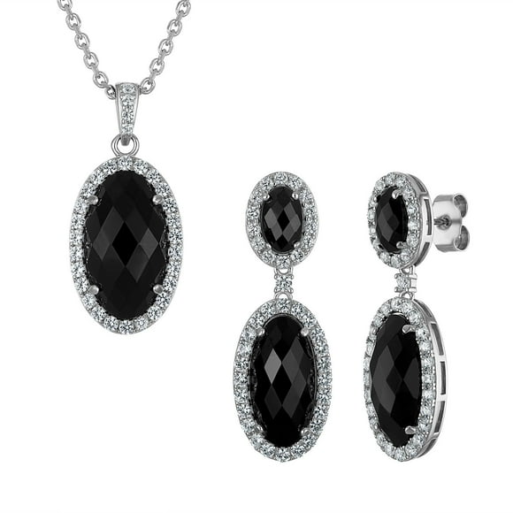 Treated Onyx & Lab Created White Sapphire Dangle Earrings & Pendant Necklace Set in Sterling Silver