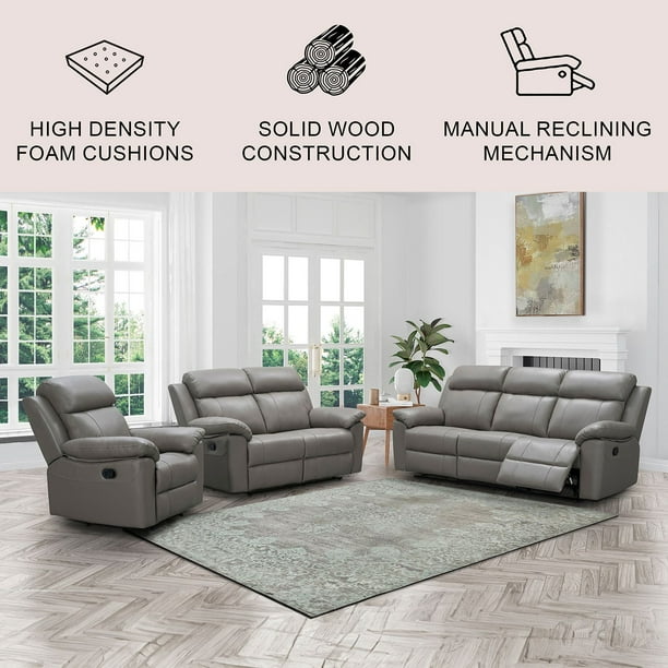 Manhattan Top-Grain Leather 3-Piece Reclining Sofa Set, Assorted - Main Image