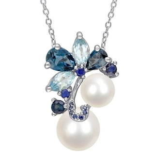 7-9mm Round Freshwater Cultured Pearl & Gemstone Pendant Necklace in Sterling Silver