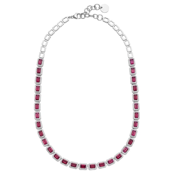 Emerald Cut Lab Created Gemstone Halo Tennis Necklace in Sterling Silver