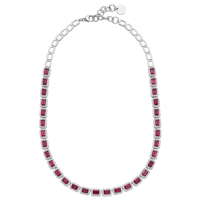 Emerald Cut Lab Created Gemstone Halo Tennis Necklace in Sterling Silver