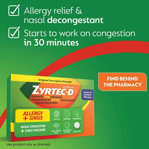 Zyrtec-D 12Hr Allergy Relief & Nasal Decongestant Tablets, 24 ct