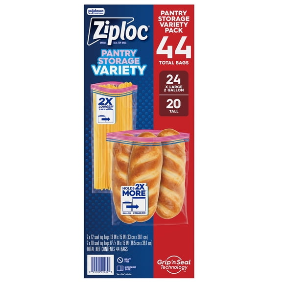 Ziploc Brand Pantry Organization Tall and 2-Gallon Storage Bags Variety Pack, Seal Top Closure, 44 ct.