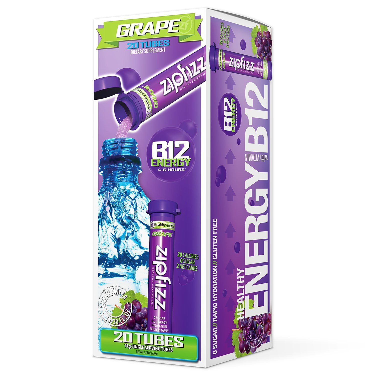 Zipfizz Energy Multi-Vitamin Hydration Drink Mix, Grape, 20 ct