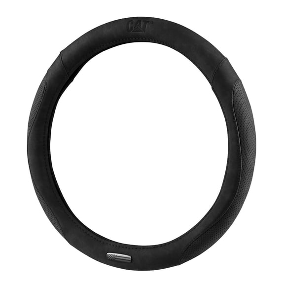 CAT® US Flag Leather Steering Wheel Cover with Metal Flag Emblem - Black, 14.5" - 15.5"
