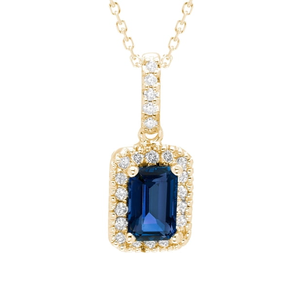 Emerald Cut Lab Created Gemstone & Diamond Halo Pendant Necklace in 14K Gold