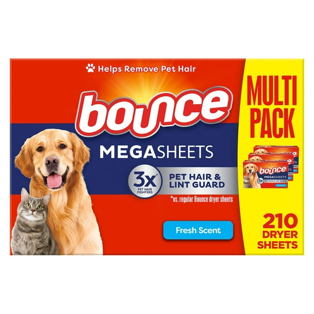 Bounce Pet Hair Lint Guard Mega Dryer Sheets, Fresh Scent, 210