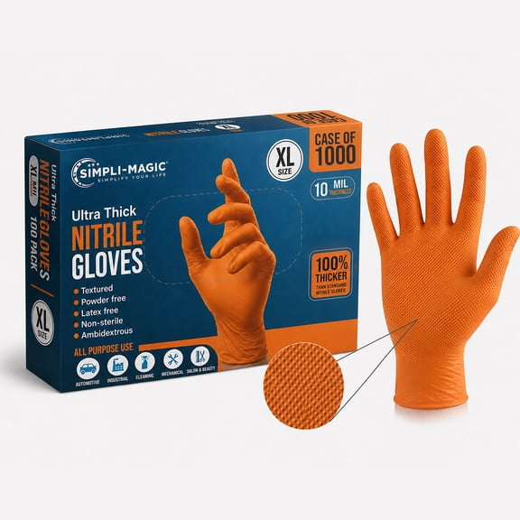 Simpli-Magic Industrial Orange Nitrile Gloves, 1000-Count - M, L & XL