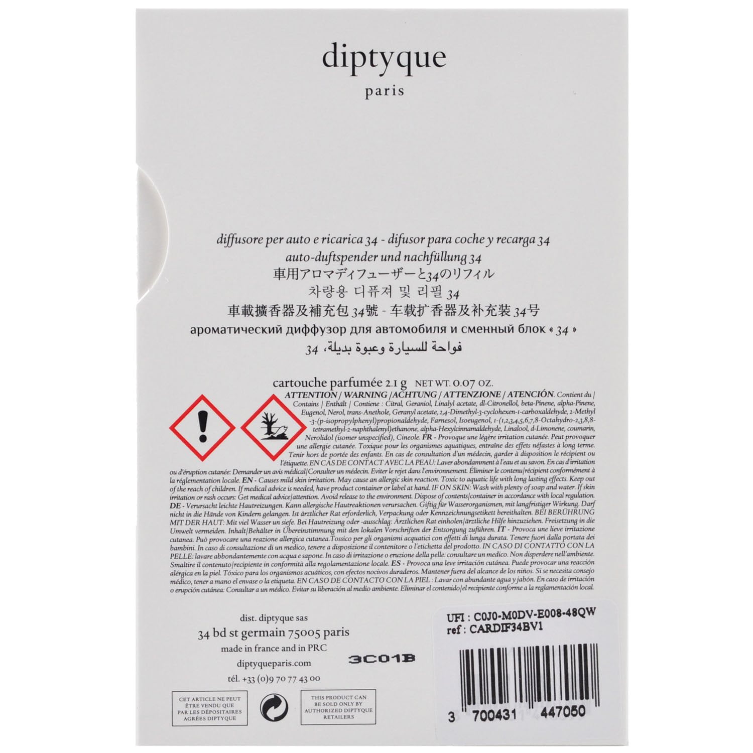 Diptyque 34 Boulevard Saint Germain Car Diffuser + Insert 